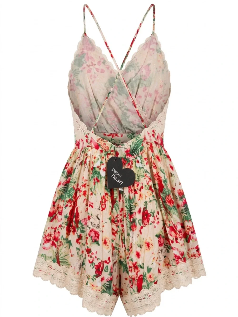 PAPER HEART Floral Lace-Trim Romper in Cream, Red & Green SZ 8